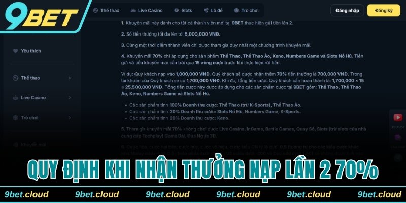 Quy định khi nhận thưởng nạp lần 2 70%